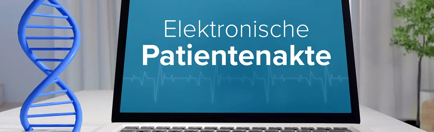 Das Bild zeigt einen Laptop mit der Anzeige Elektronische Patientenakte.