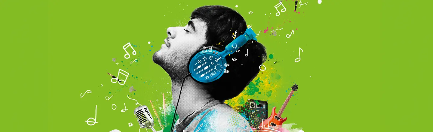 Illustration eines Mannes der Musik aus dem Smartphone über Kopfhörer hört