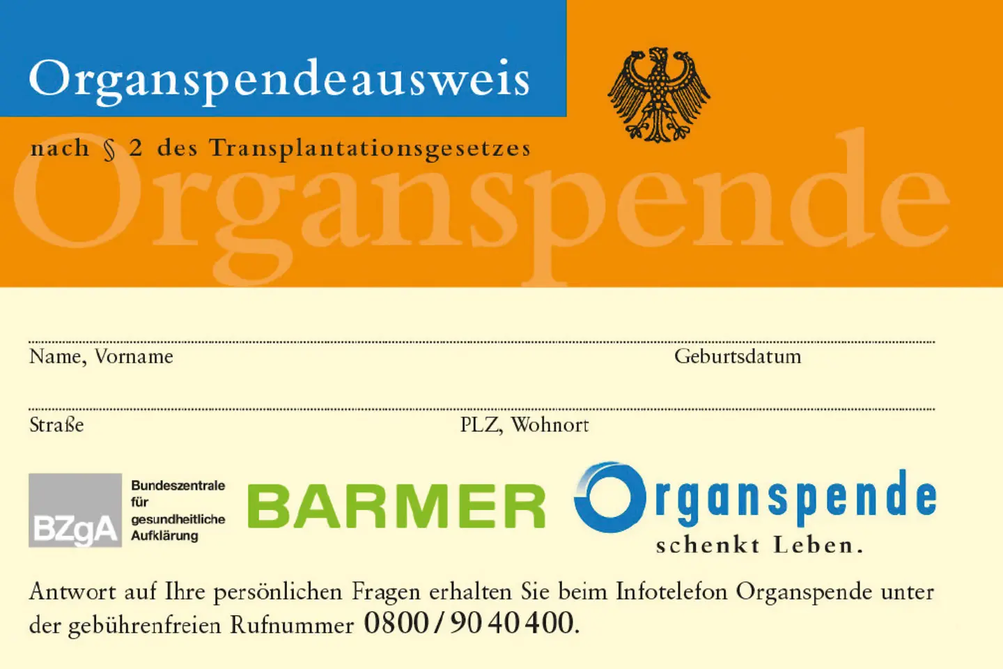 Organspendeausweise Vorderseite