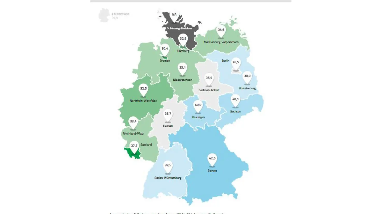 Deutschlandkarte markiert zeigt versichertenbezogene Inanspruchnahmerate Früherkennungsuntersuchungen in Prozent