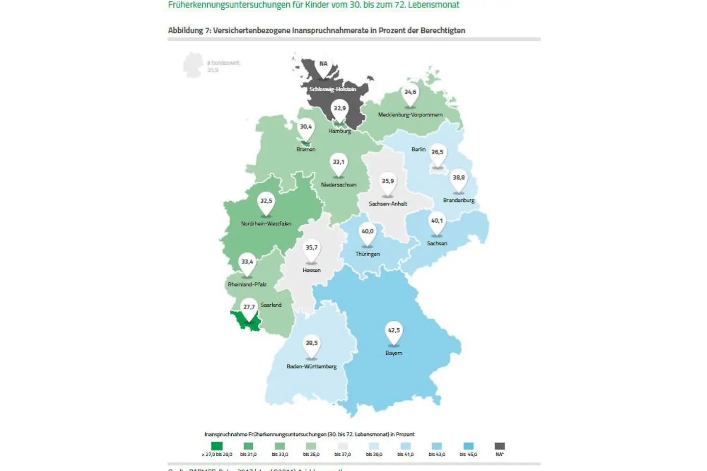 Deutschlandkarte markiert zeigt versichertenbezogene Inanspruchnahmerate Früherkennungsuntersuchungen in Prozent