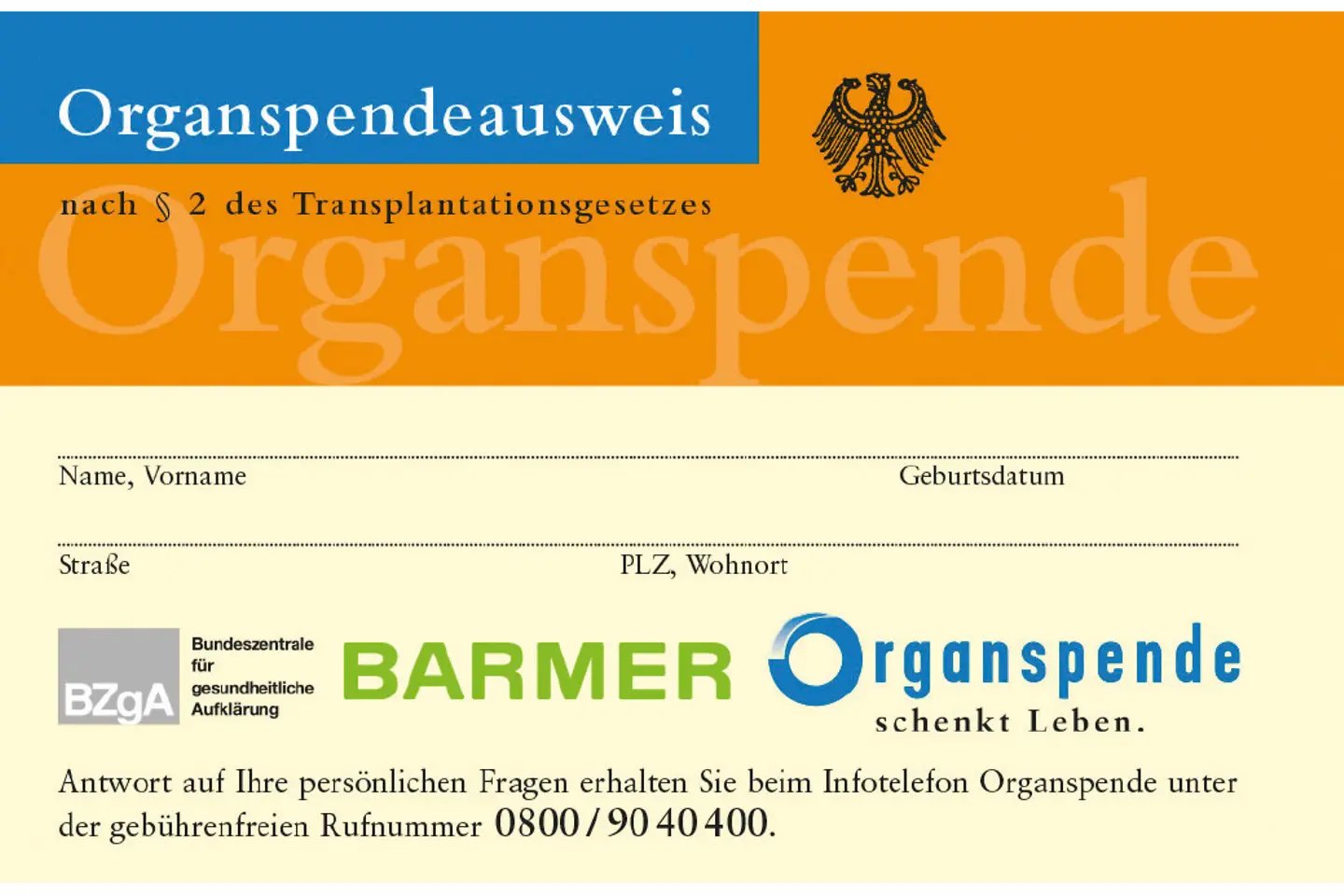 Vorderseite eines Organspendeausweises