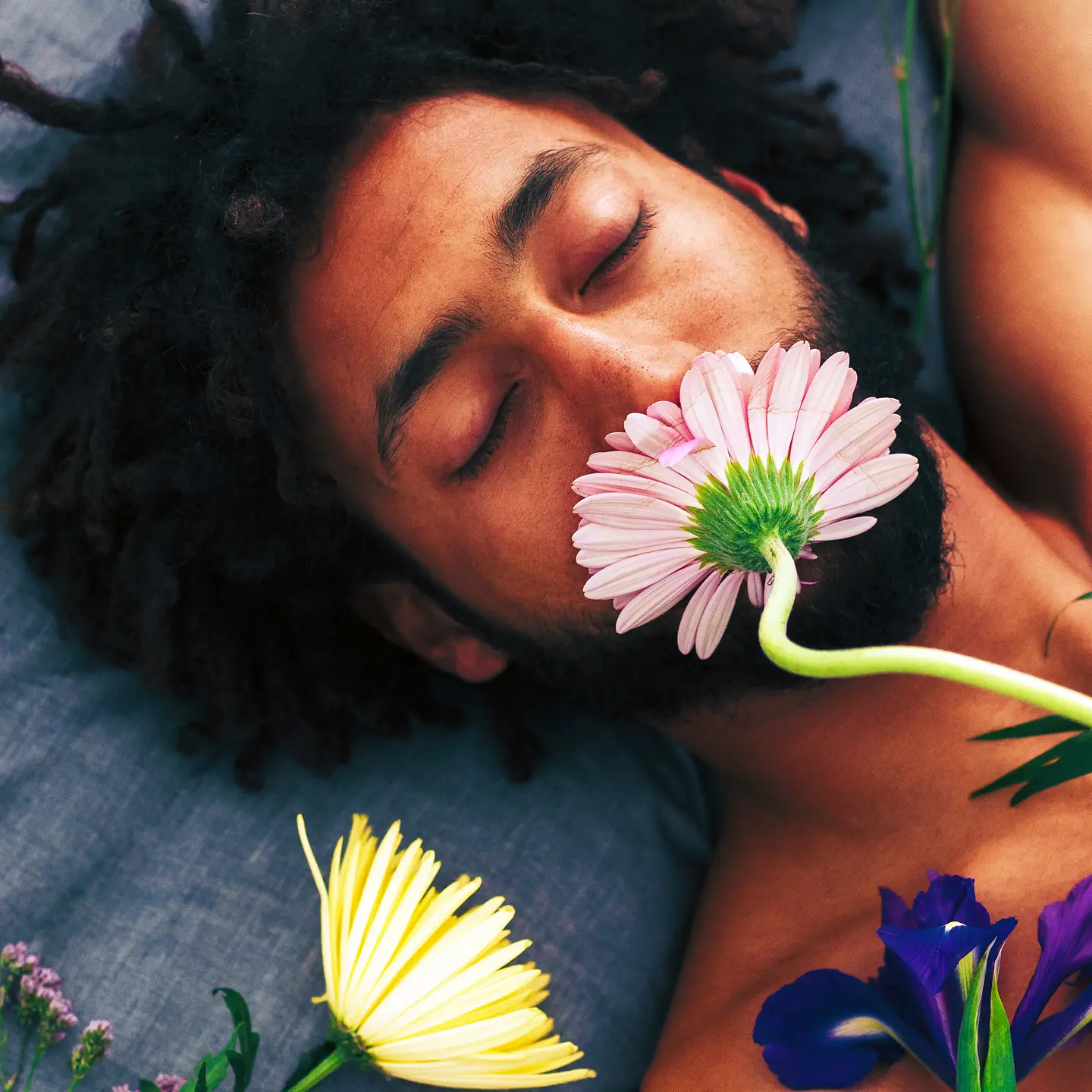 Mann liegt mit geschlossenen Augen auf dem Rücken und hat eine Blüte im Gesicht