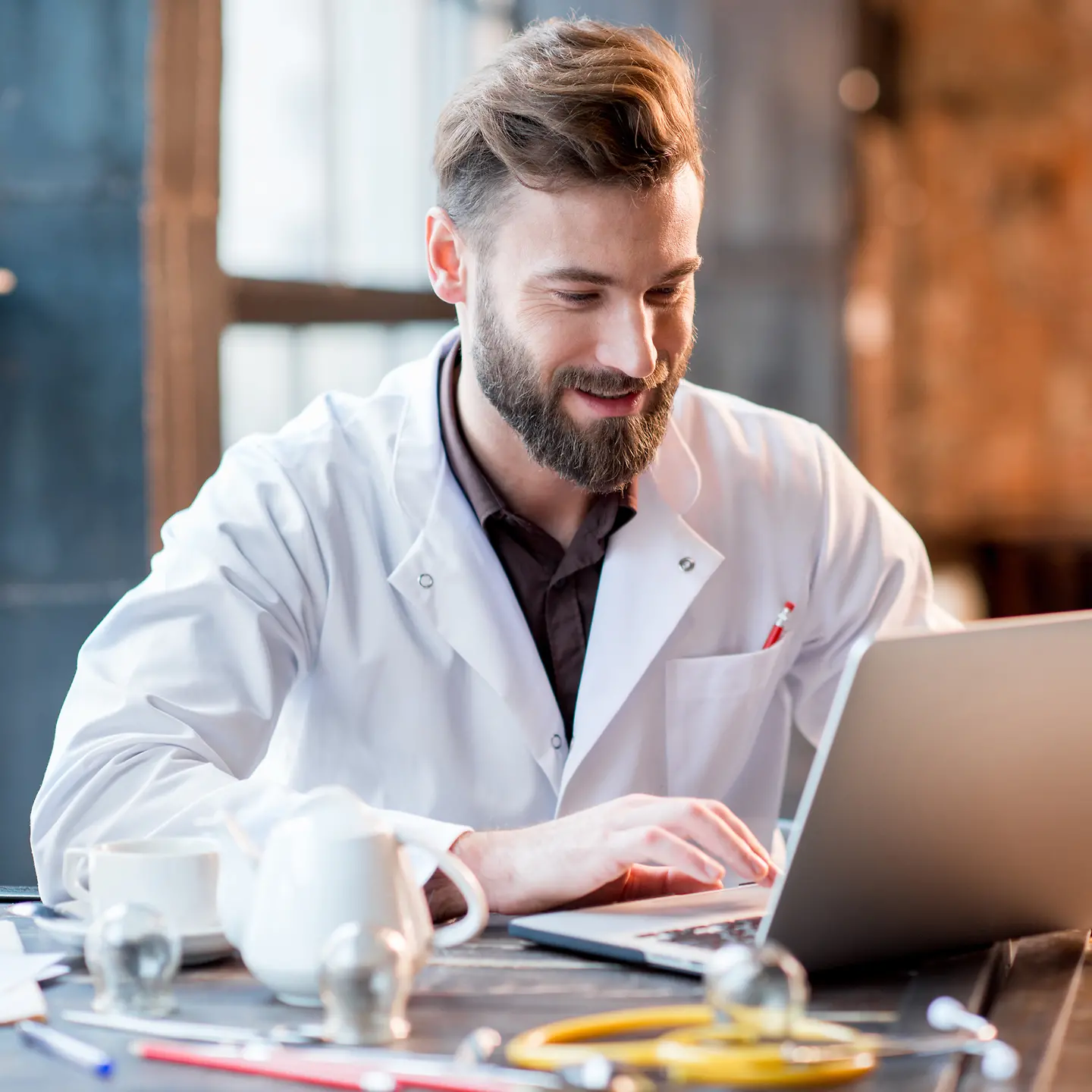Ein Arzt arbeitet an seinem Laptop