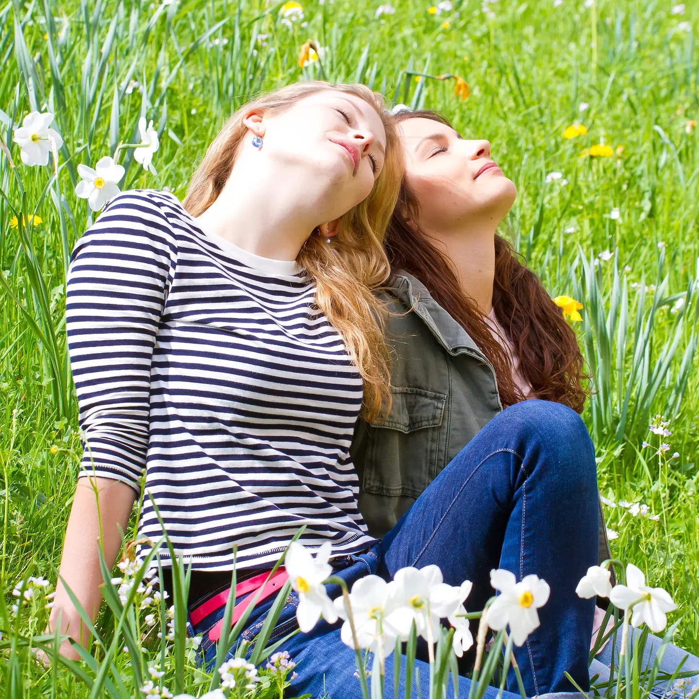 Das Bild zeigt zwei sich sonnende Frauen auf einer Wiese.