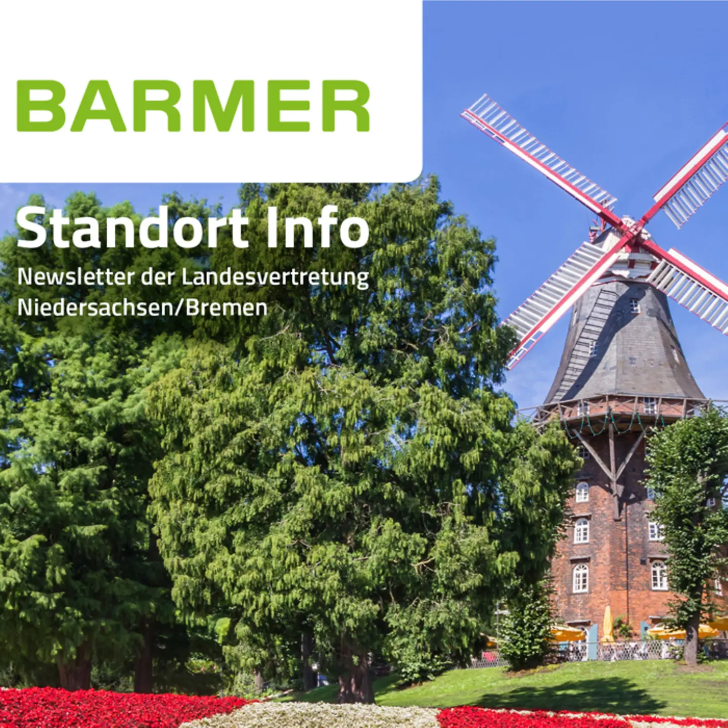 Titelbild STANDORTinfo Niedersachsen-Bremen mit Blick auf eine Landschaft mit der Windmühle "Mühle Am Wall" in Bremen.