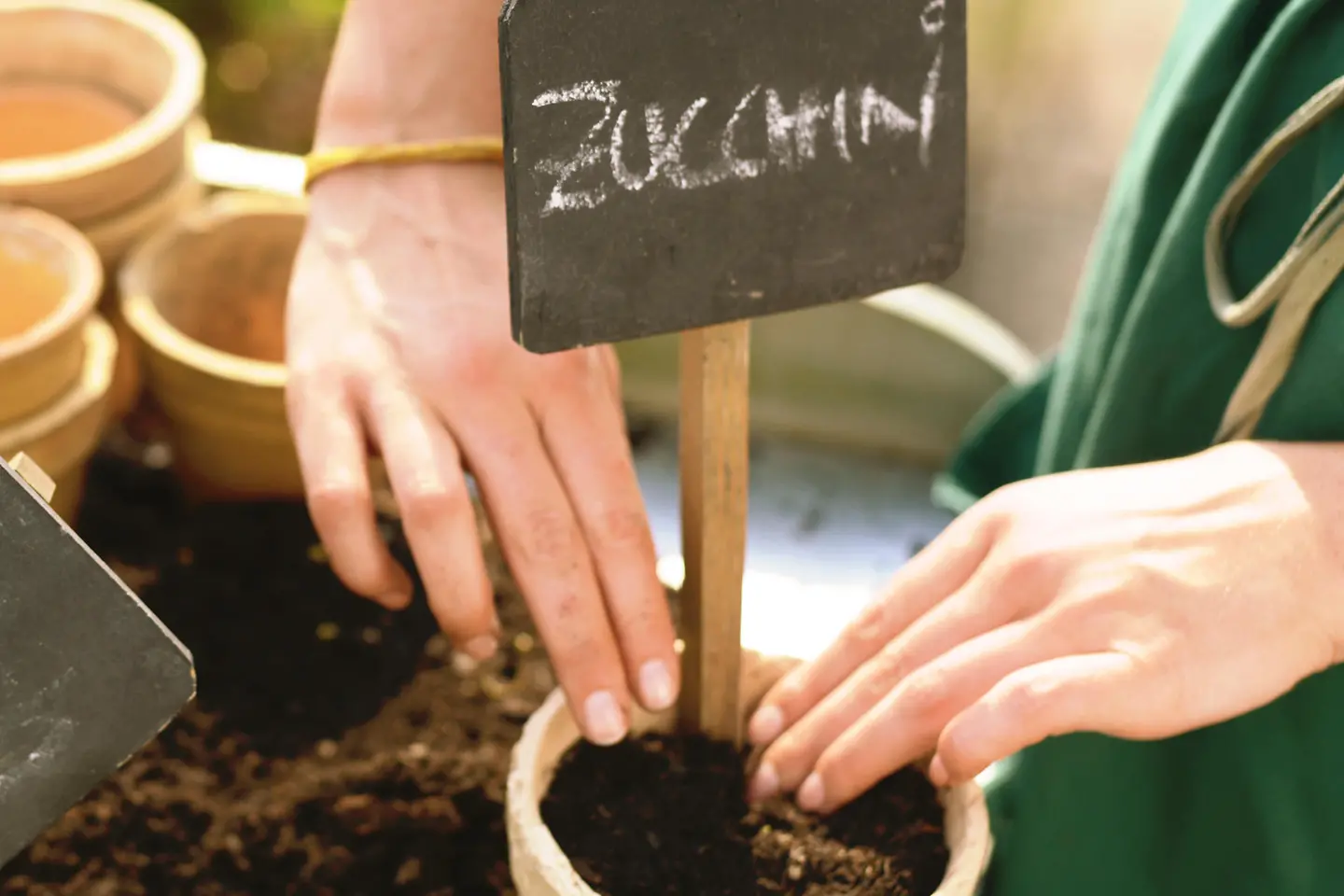 Ein Kräuter- und Gemüsebeet wird gepflegt.