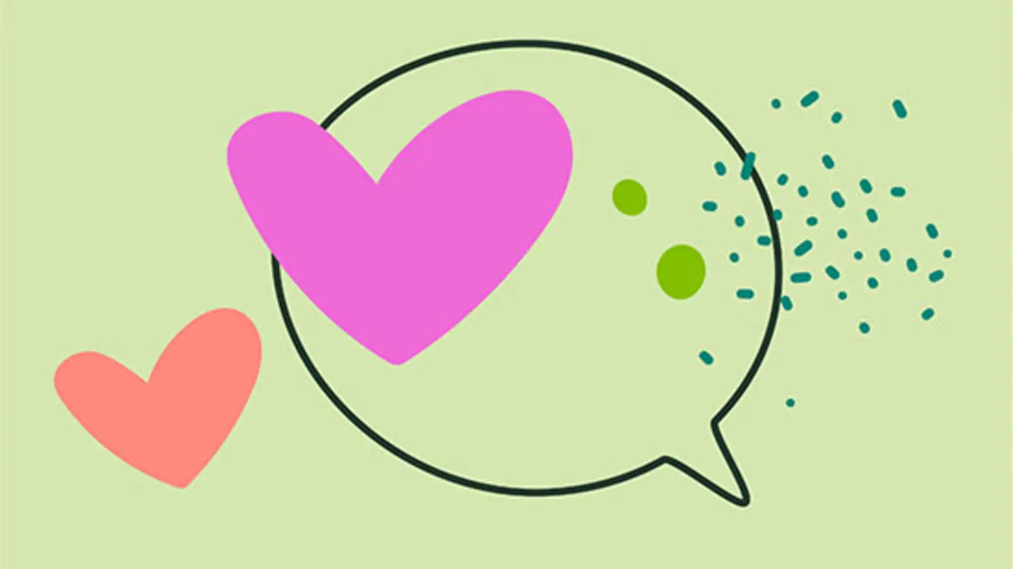 Illustration zweier Herzen und einer Sprechblase vor grünem Hintergrund
