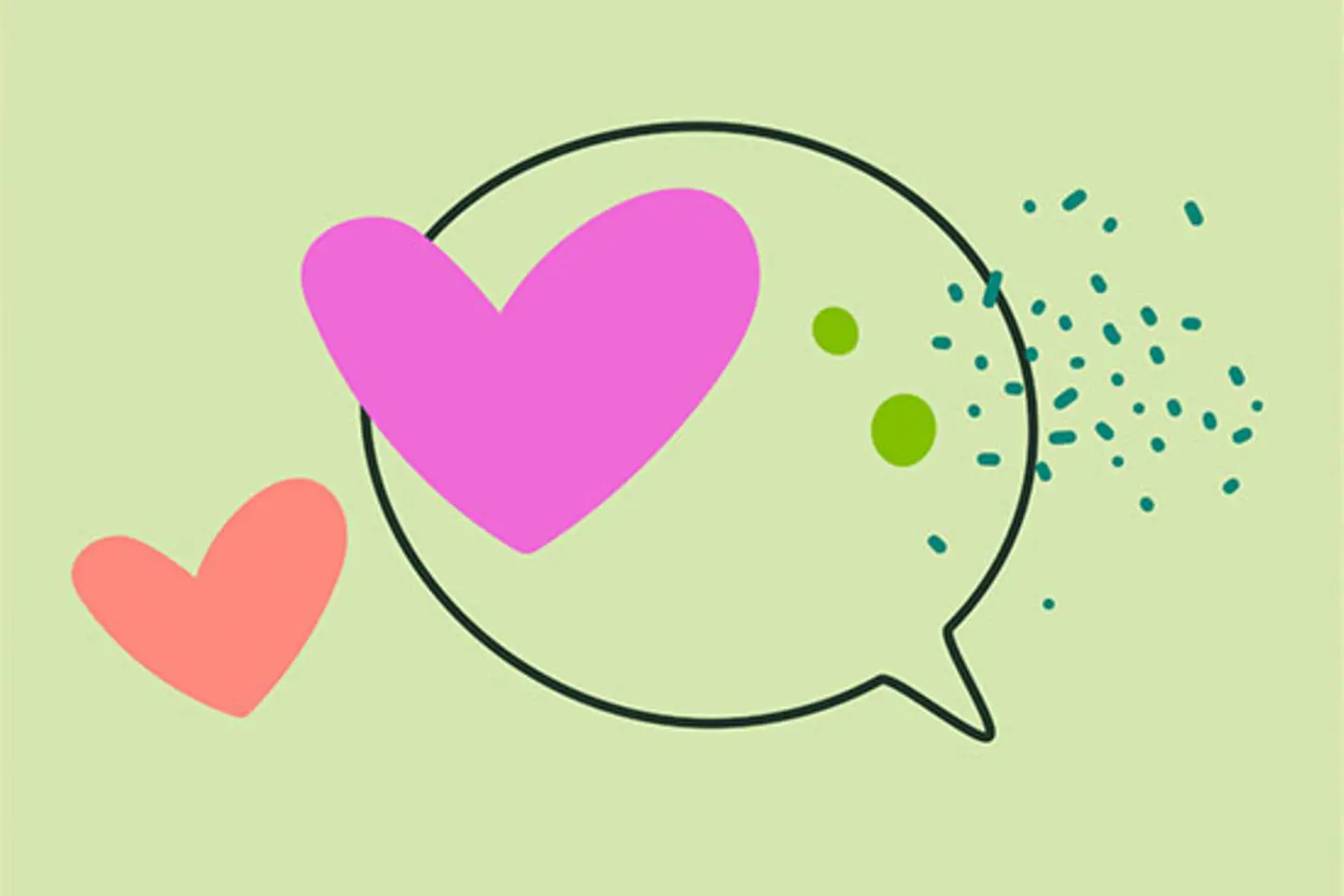 Illustration zweier Herzen und einer Sprechblase vor grünem Hintergrund