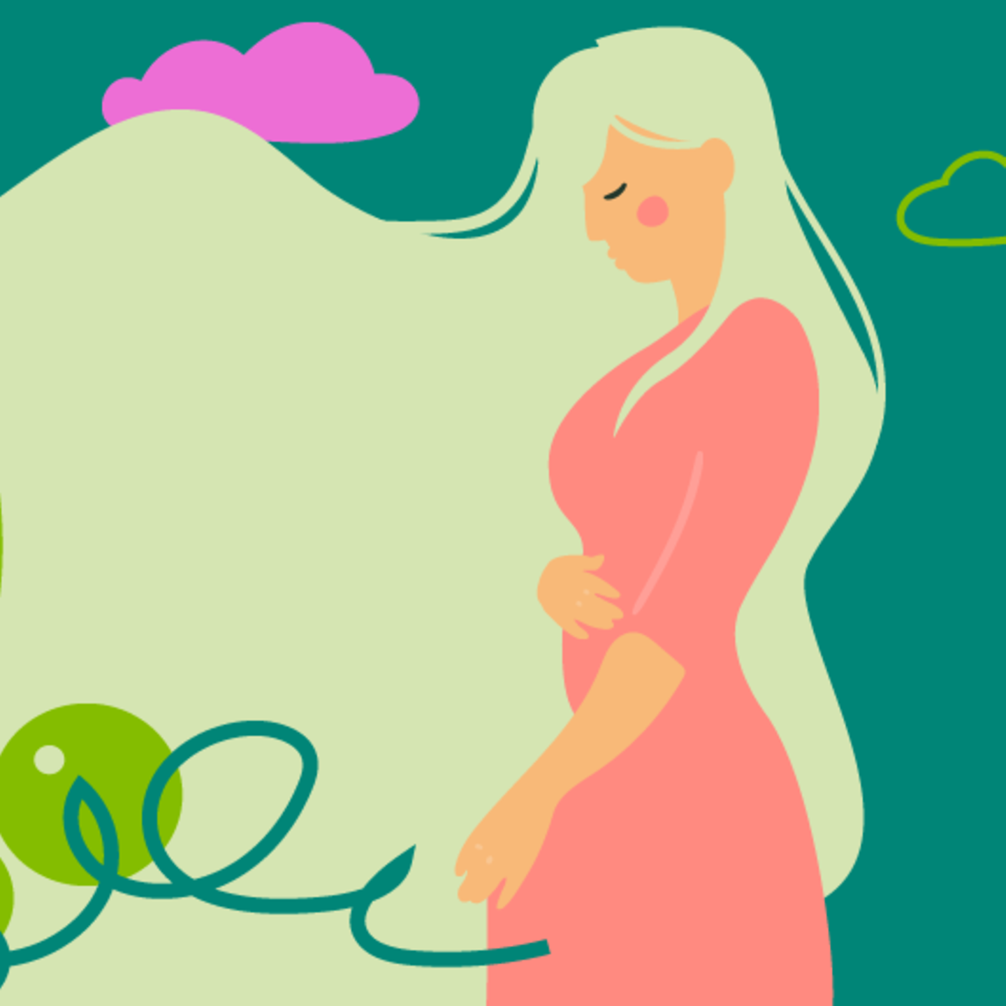 Illustration eines Embryos im Vergleich zu einer Erbse und einer jungen Frau, die die Hand auf den Bauch legt