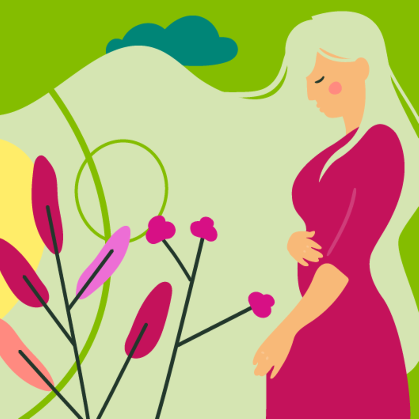 Illustration eines Embryos und einer jungen Frau, die die Hand auf den Bauch legt