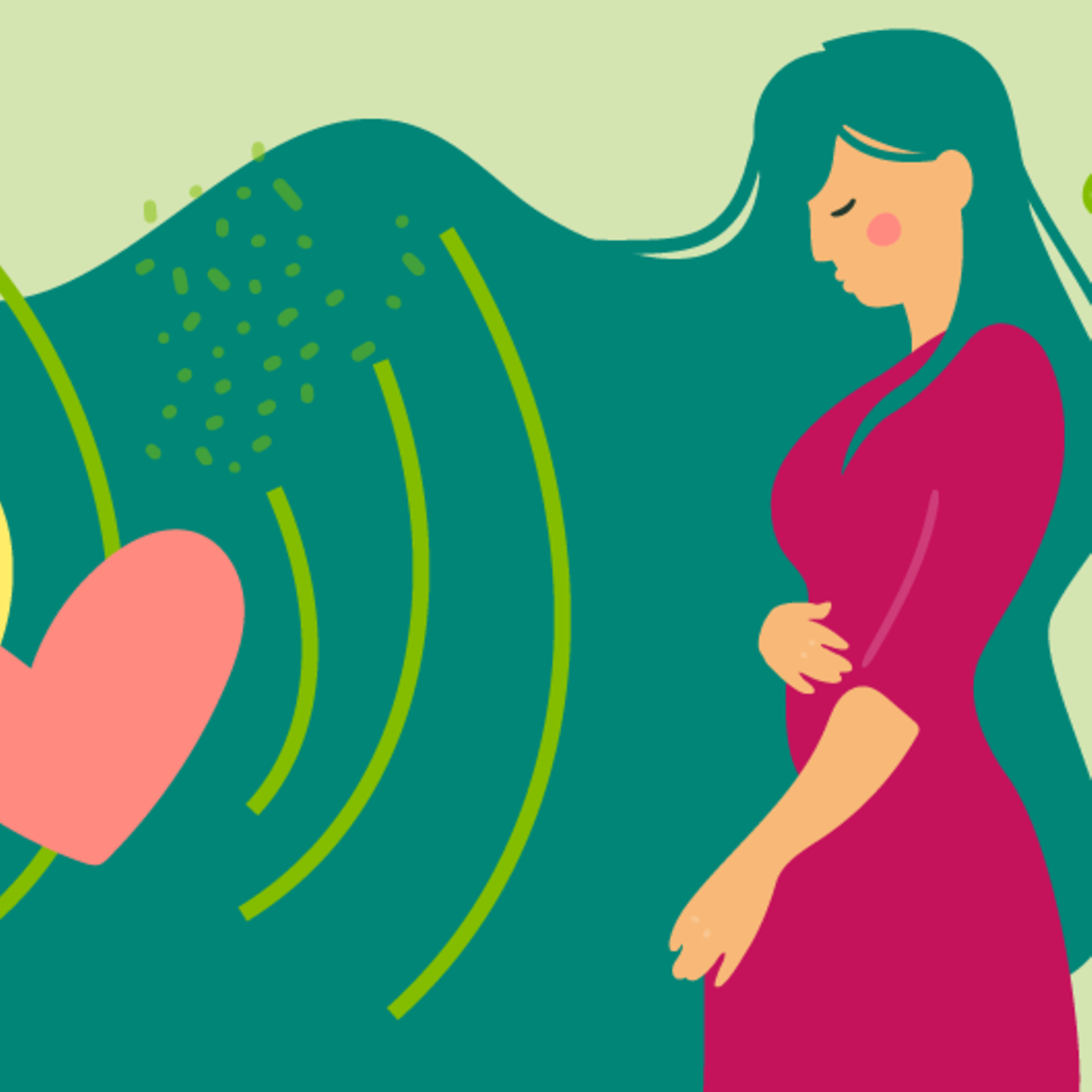 Illustration eines Embryos und einer jungen schwangeren Frau, die die Hand auf den Bauch legt in der 5.SSW