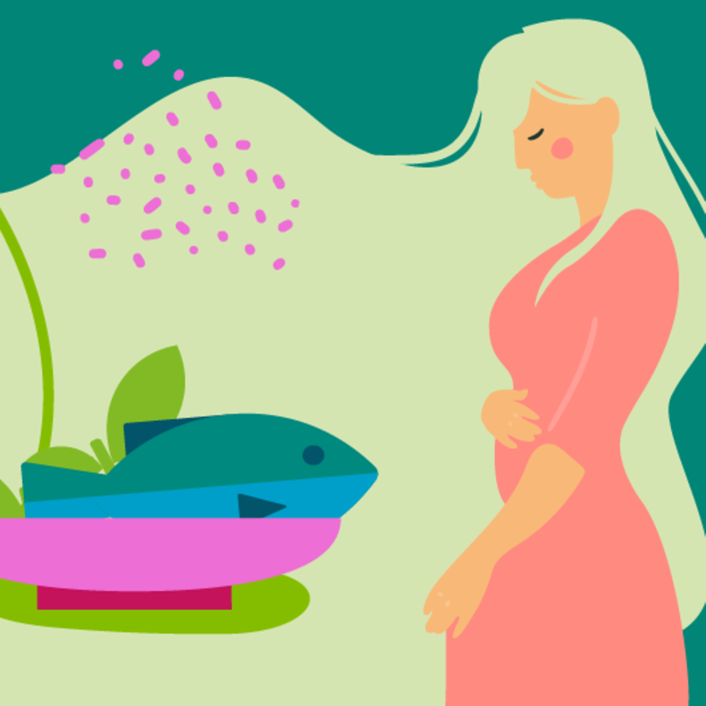 Illustration eines Fötus, eines Fisches und einer jungen schwangeren Frau, die die Hand auf den Bauch legt in der 11.SSW