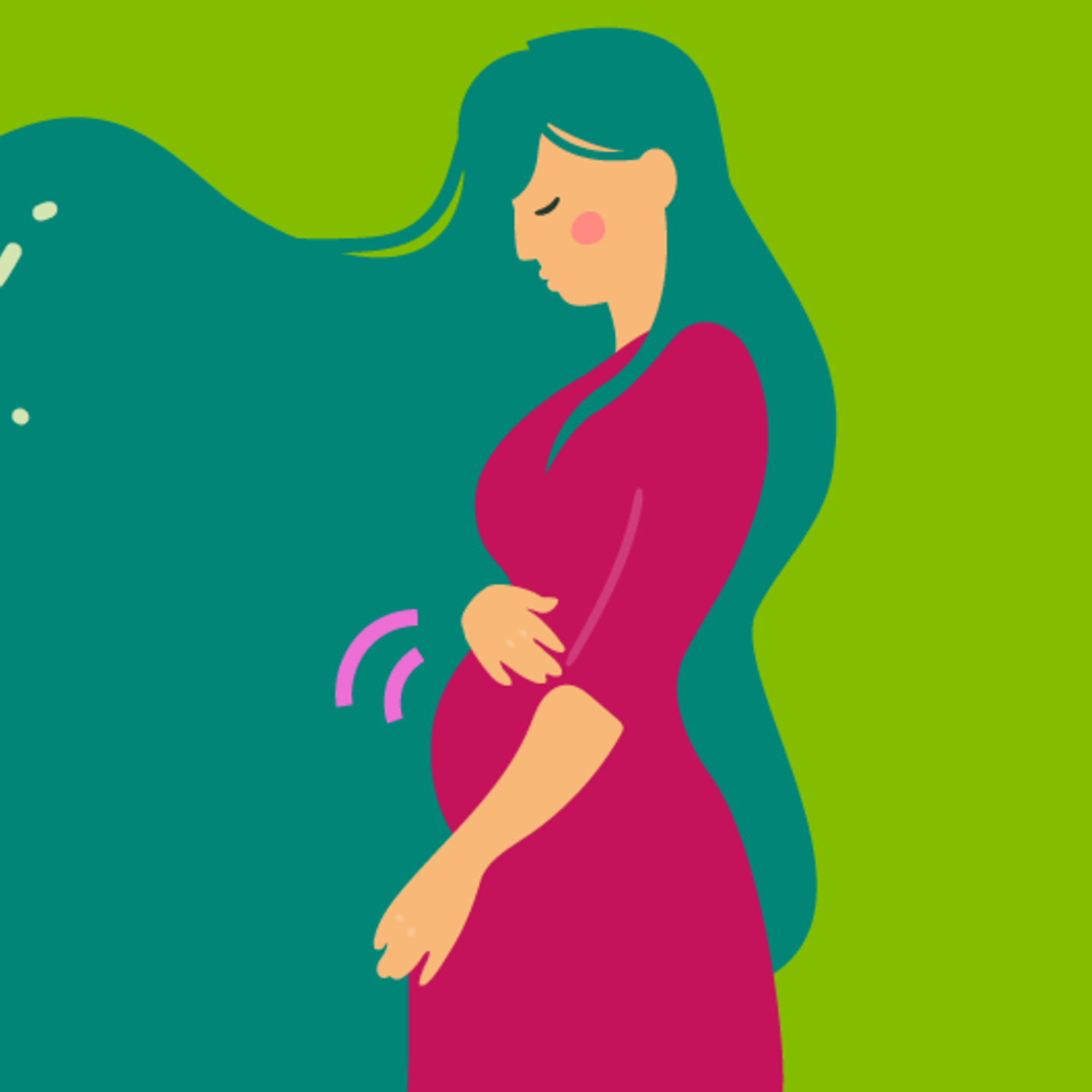 Illustration eines Fötus und einer jungen schwangeren Frau, die die Hand auf den Bauch legt in der 12.SSW