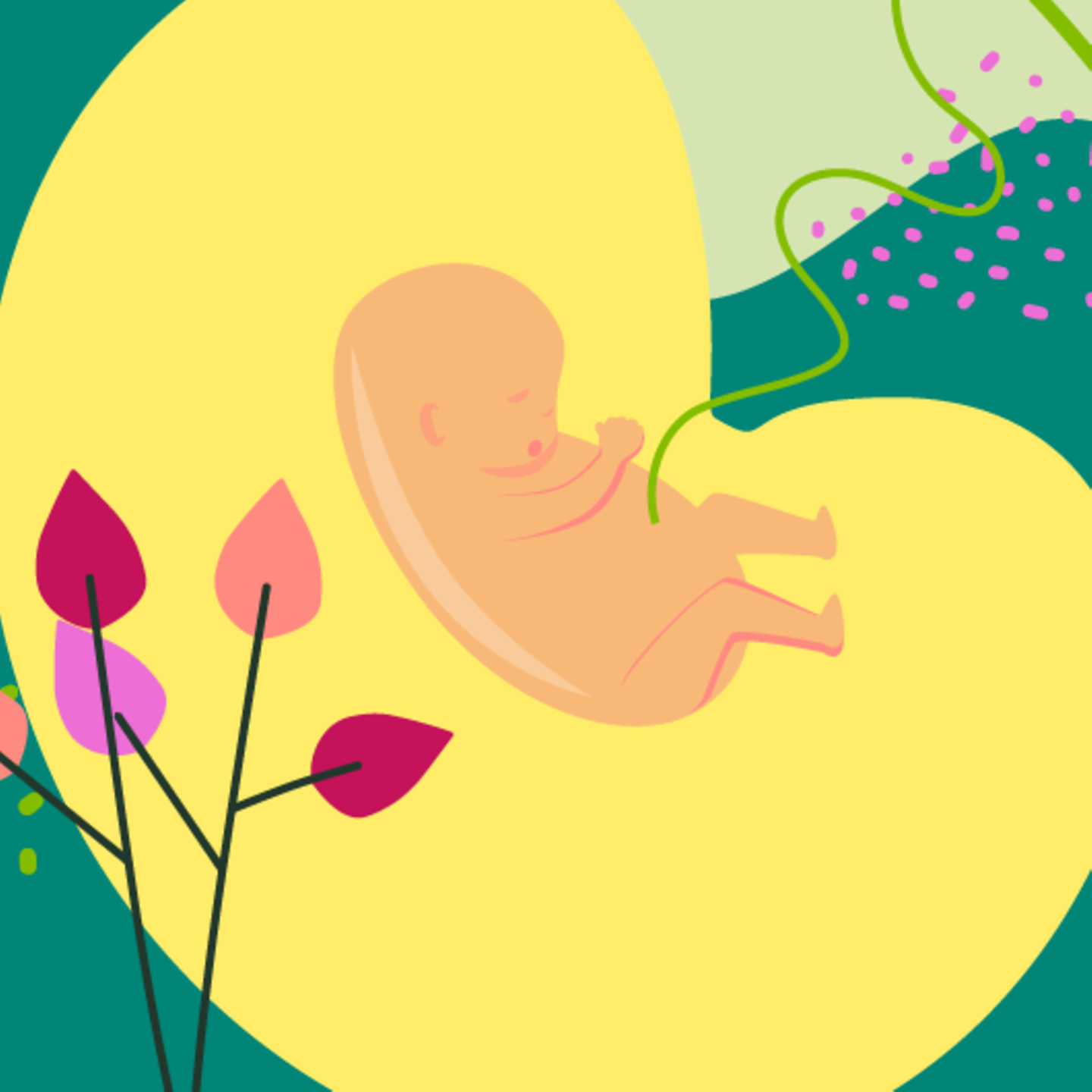 Illustration eines Fötus, Wolken und einer jungen schwangeren Frau, die die Hand auf den Bauch legt in der 10.SSW