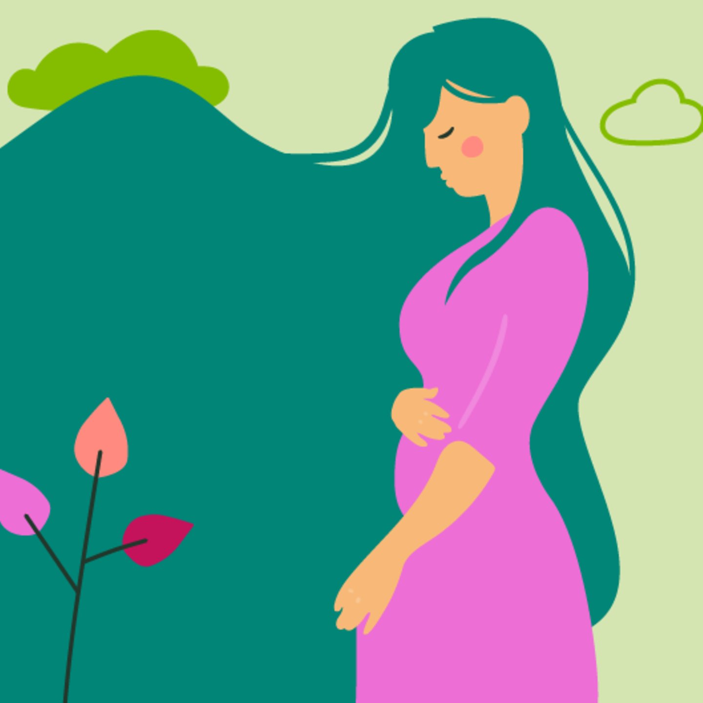 Illustration eines Fötus und einer jungen schwangeren Frau, die die Hand auf den Bauch legt in der 14.SSW