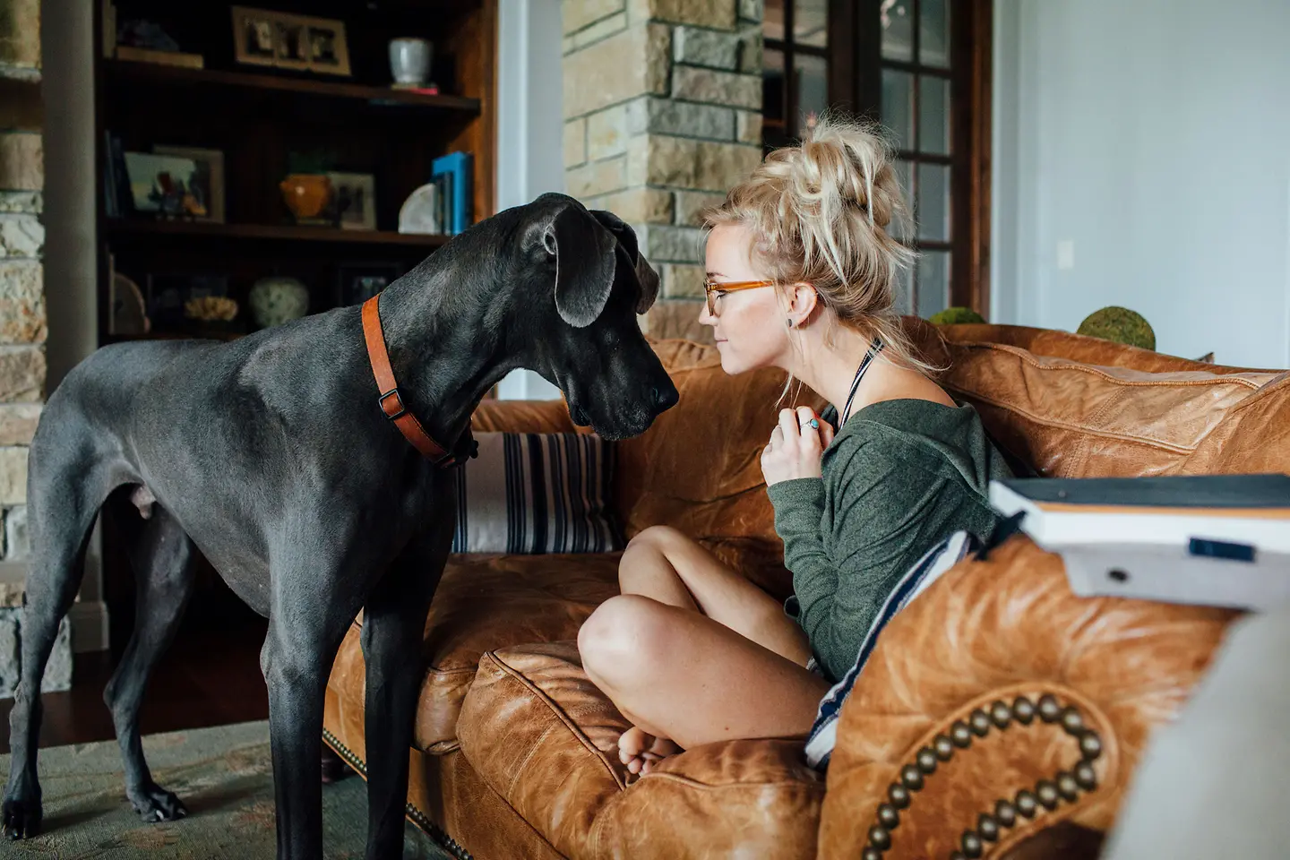 Eine junge Frau sitzt auf einem Sofa und sieht einer Dogge vor ihr tief in die Augen