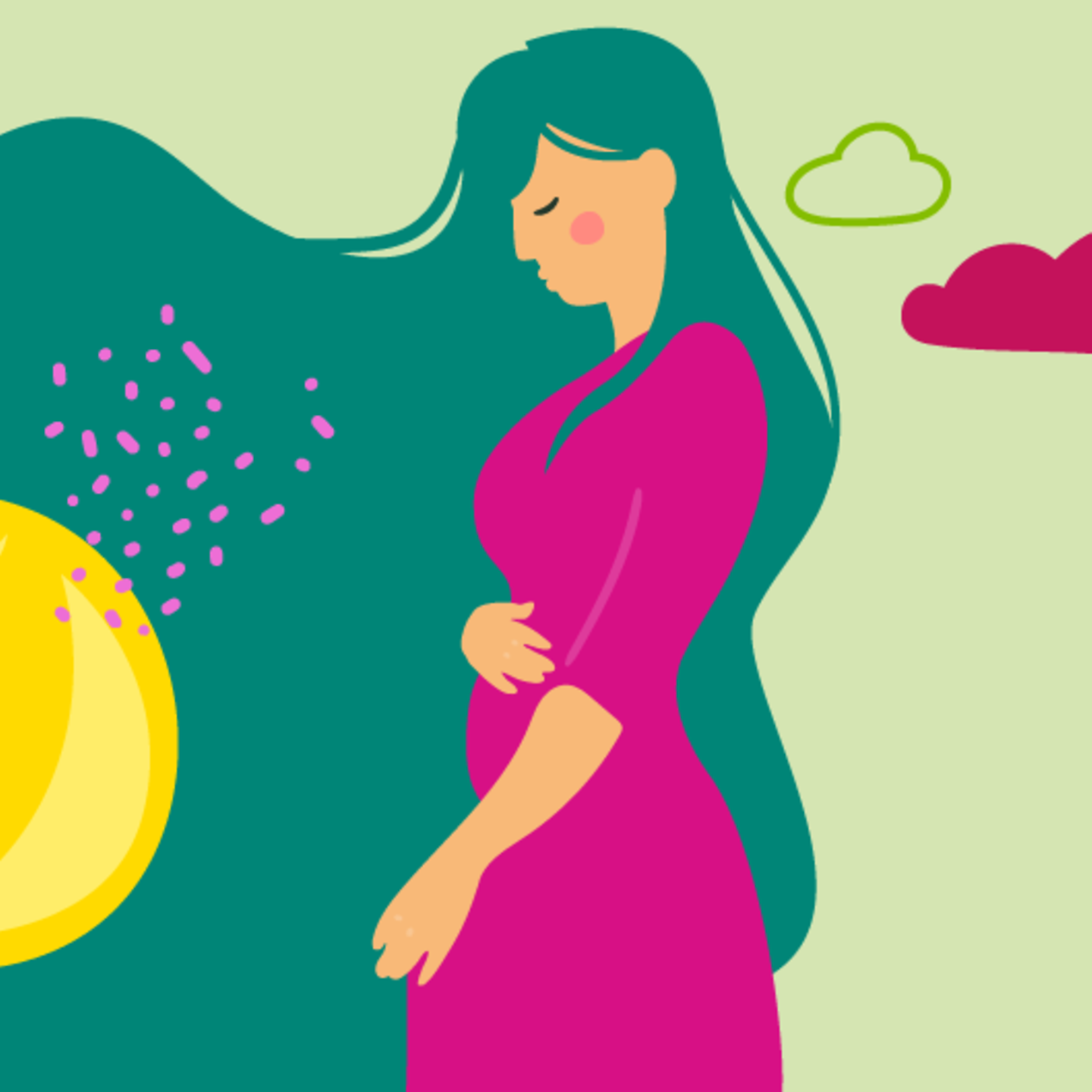 Illustration eines Fötus und einer jungen schwangeren Frau, die die Hand auf den Bauch legt in der 15.SSW