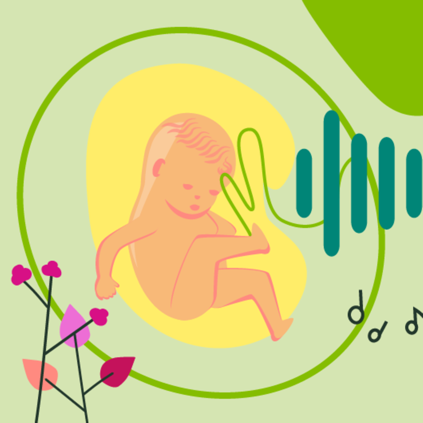 Illustration eines Fötus und einer jungen Frau, die die Hand auf den Bauch legt in der 16.SSW