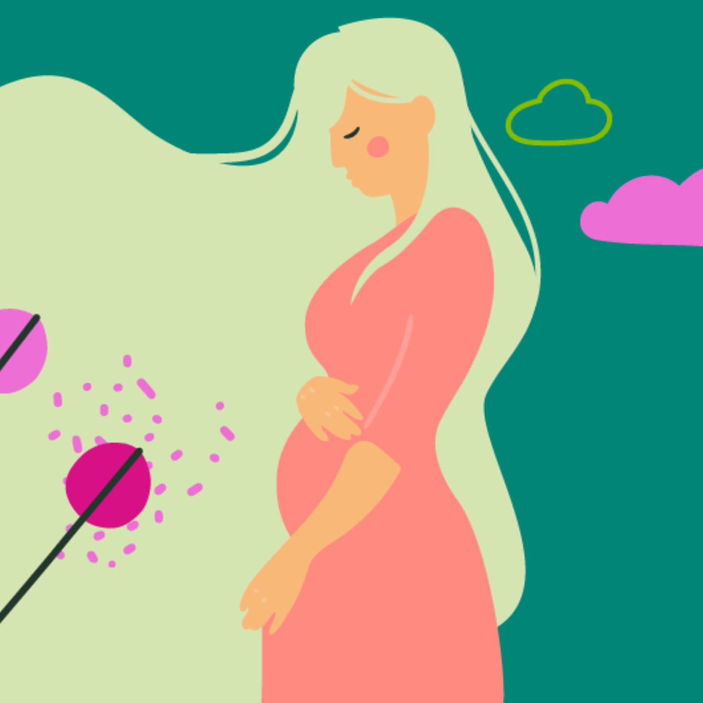 Illustration eines Fötus und einer jungen schwangeren Frau, die die Hand auf den Bauch legt in der 17.SSW