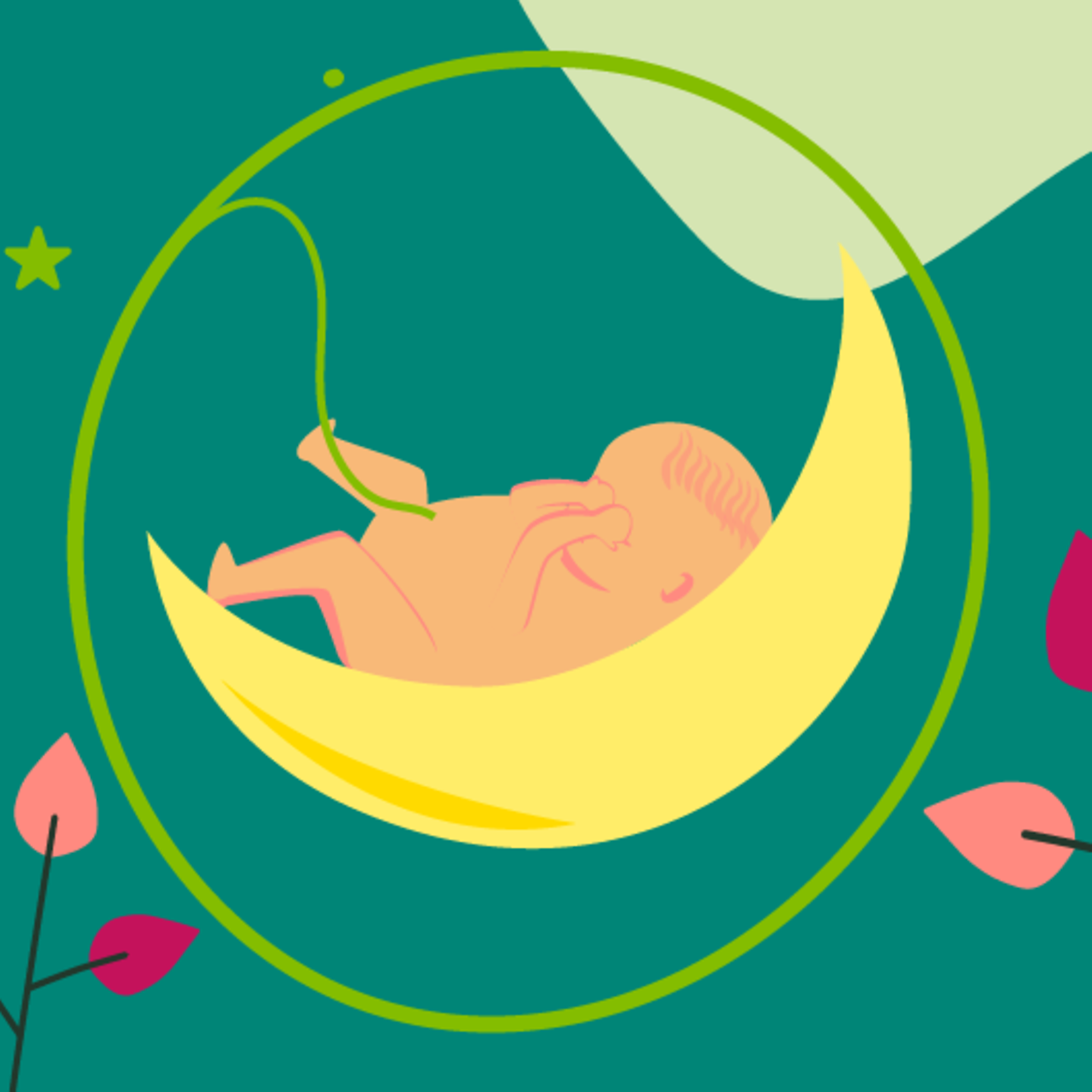 Illustration eines Embryos und einer schwangeren jungen Frau, die die Hand auf den Bauch legt in der 18.SSW