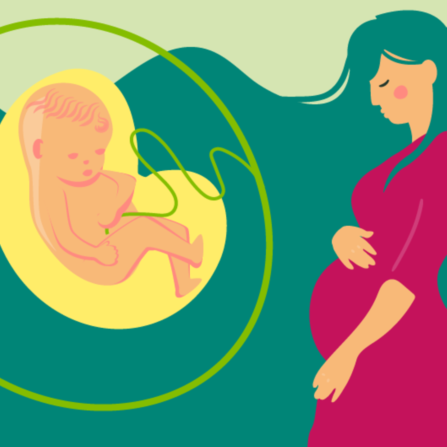 Illustration eines Fötusim Vergleich zu einer Zitrone und einer jungen schwangeren Frau, die die Hand auf den Bauch legt