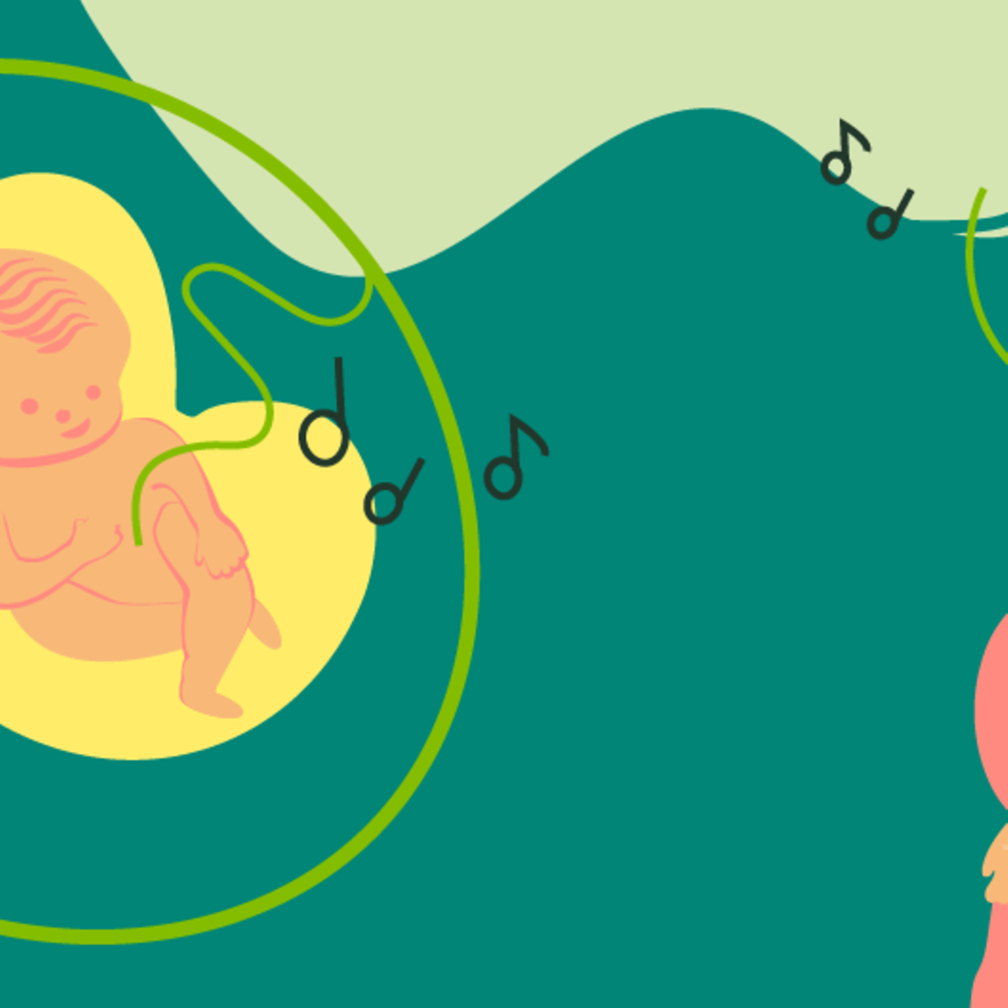 Illustration eines Fötus und einer jungen schwangeren Frau, die die Hand auf den Bauch legt in der 23.SSW