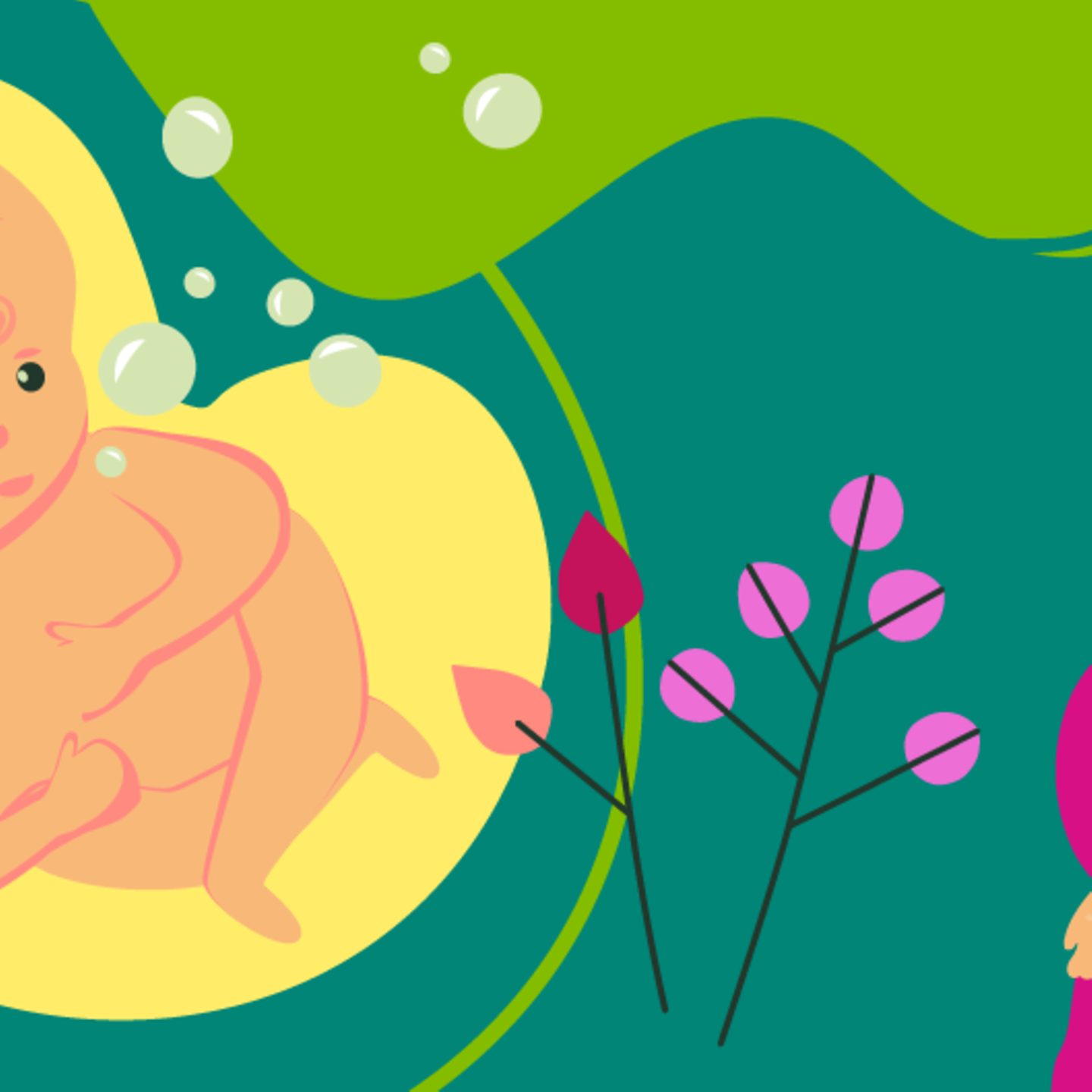 Illustration eines Fötus und einer jungen schwangeren Frau, die die Hand auf den Bauch legt in der 27.SSW