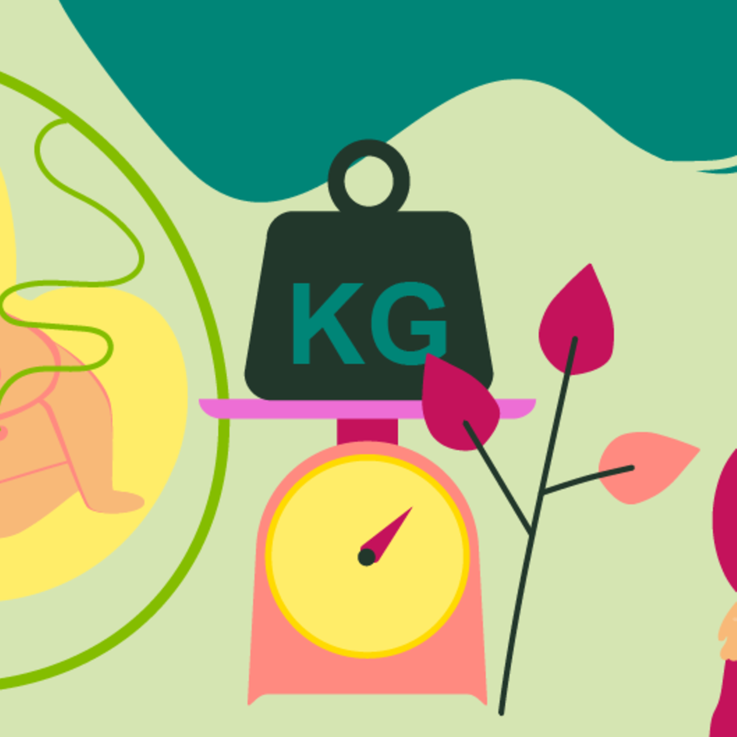 Illustration eines Fötus und einer jungen schwangeren Frau, die die Hand auf den Bauch legt in der 28.SSW