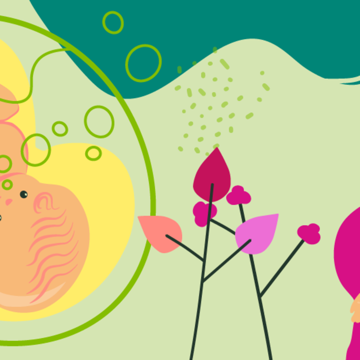 Illustration eines Fötus und einer jungen schwangeren Frau, die die Hand auf den Bauch leg in der 34. SSW