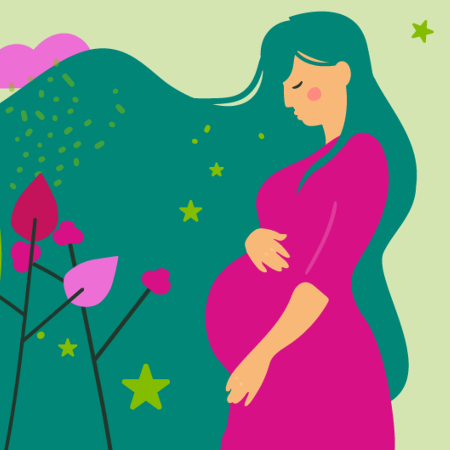 Illustration eines Fötus und einer jungen schwangeren Frau, die die Hand auf den Bauch leg in der 32. SSW