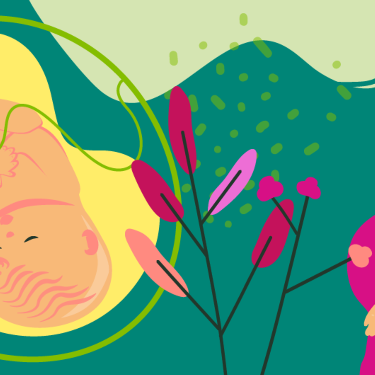 Illustration eines Fötus und einer jungen schwangeren Frau, die die Hand auf den Bauch leg in der 39. SSW