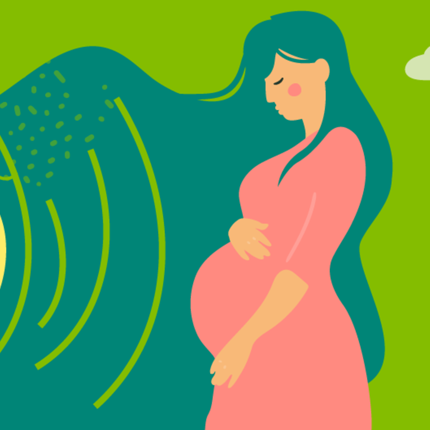 Illustration eines Fötus und einer jungen schwangeren Frau, die die Hand auf den Bauch leg in der 40. SSW