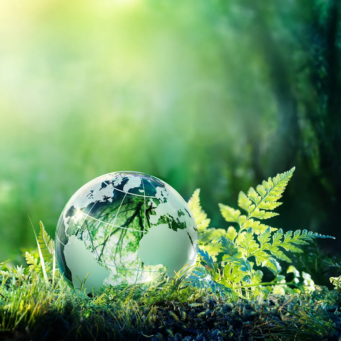 Ein Globus liegt in einem Wald auf einem Boden, der mit Moos bedeckt ist.