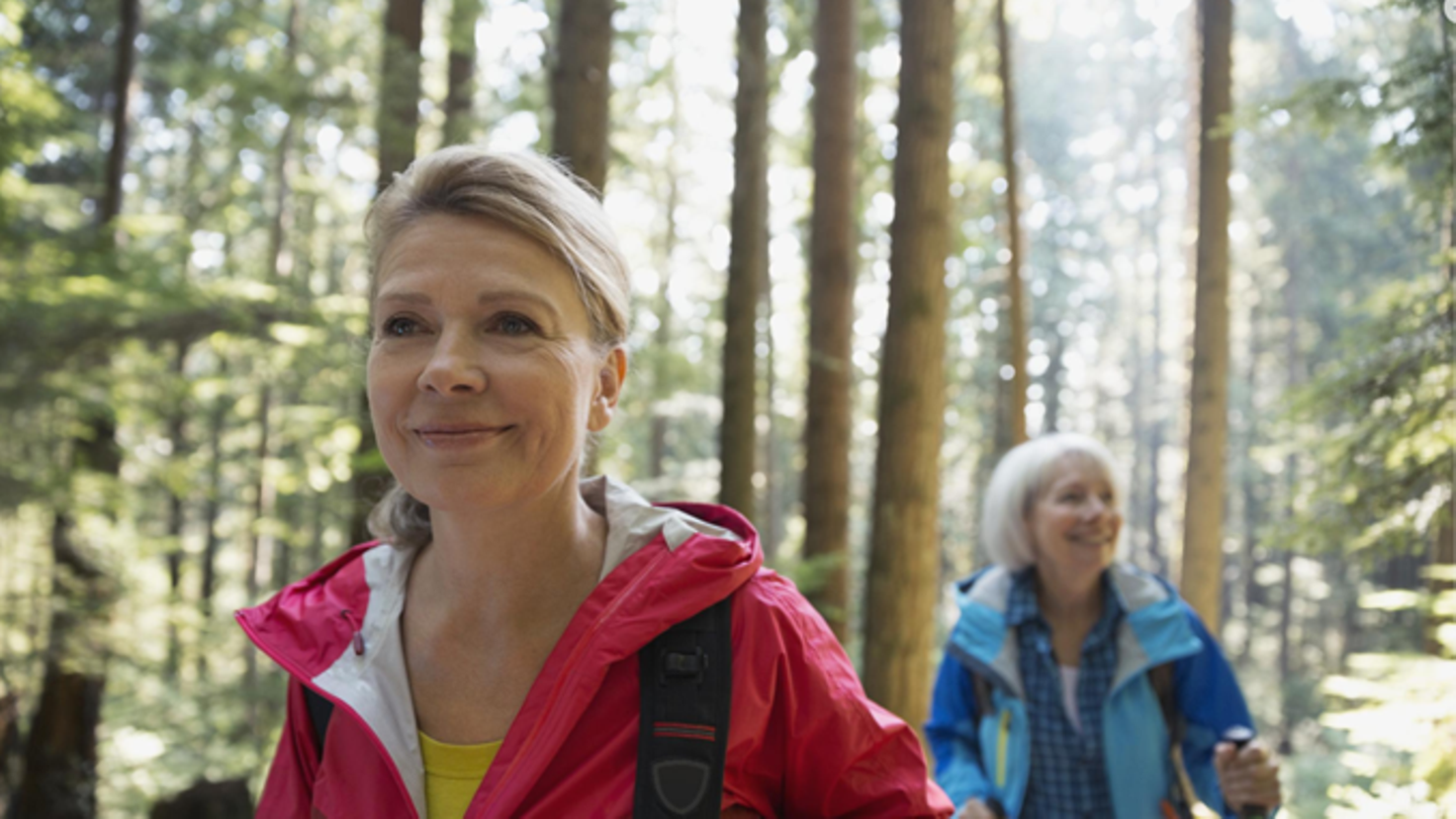 Zwei Frauen mittleren Alters wandern zusammen durch den Wald und sehen glücklich aus.