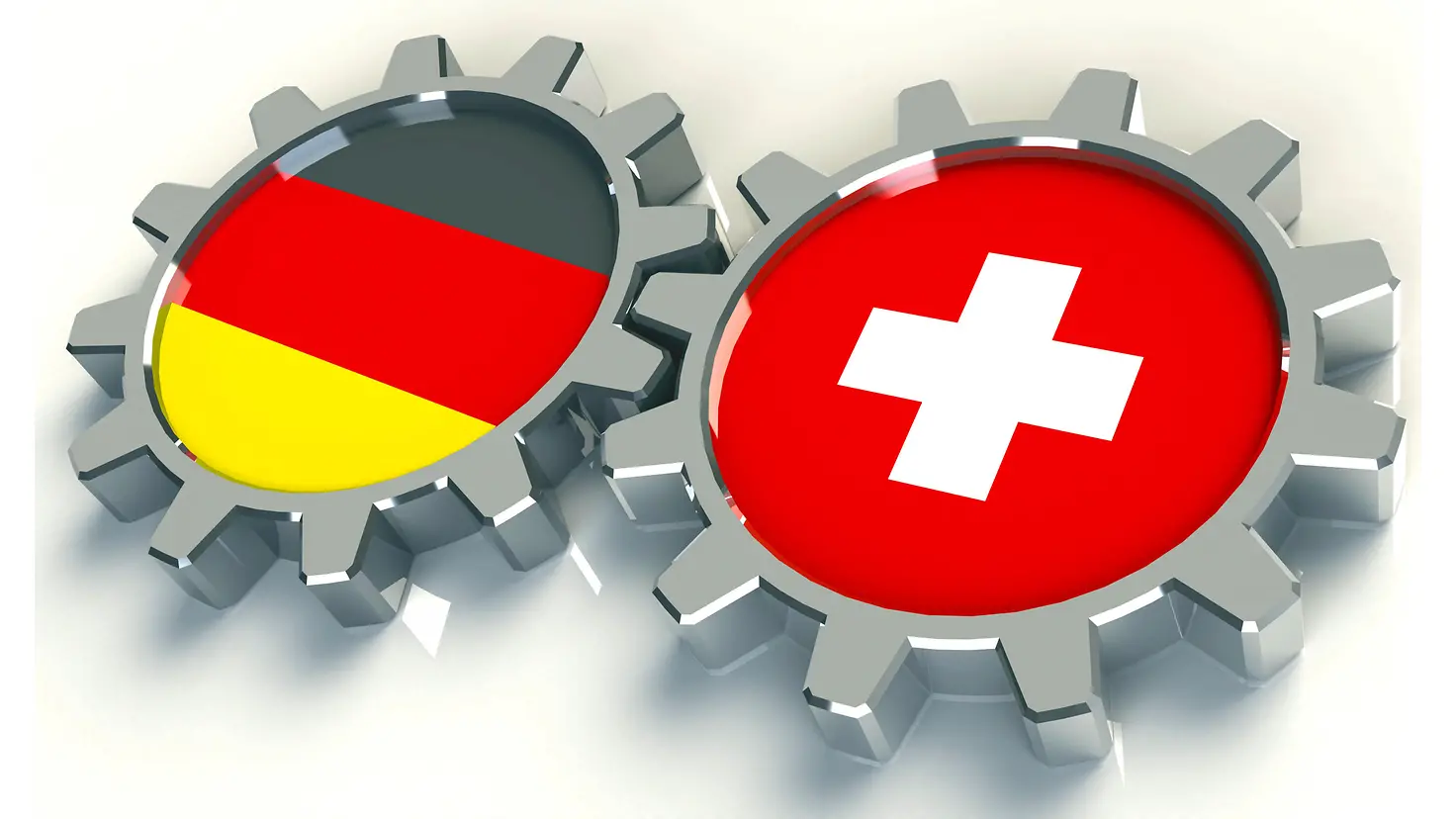 Zwei Zahnräder mit der Deutschen und der Schweizer Flagge in der Mitte greifen ineinander