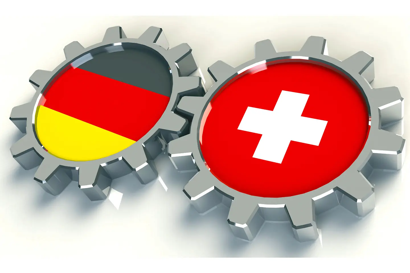 Zwei Zahnräder mit der Deutschen und der Schweizer Flagge in der Mitte greifen ineinander