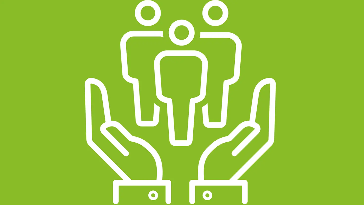 Icon aufgefalteter Hände mit Personen auf grünem Grund