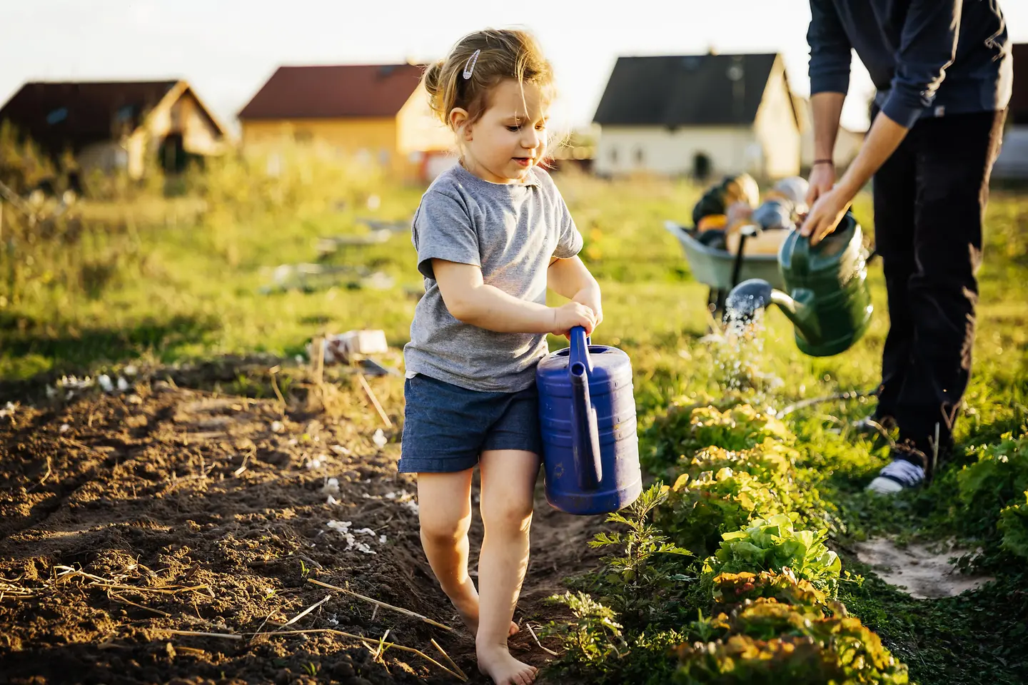 kleines Mädchen gießt selbstständig mit einer Gießkanne die Blumen