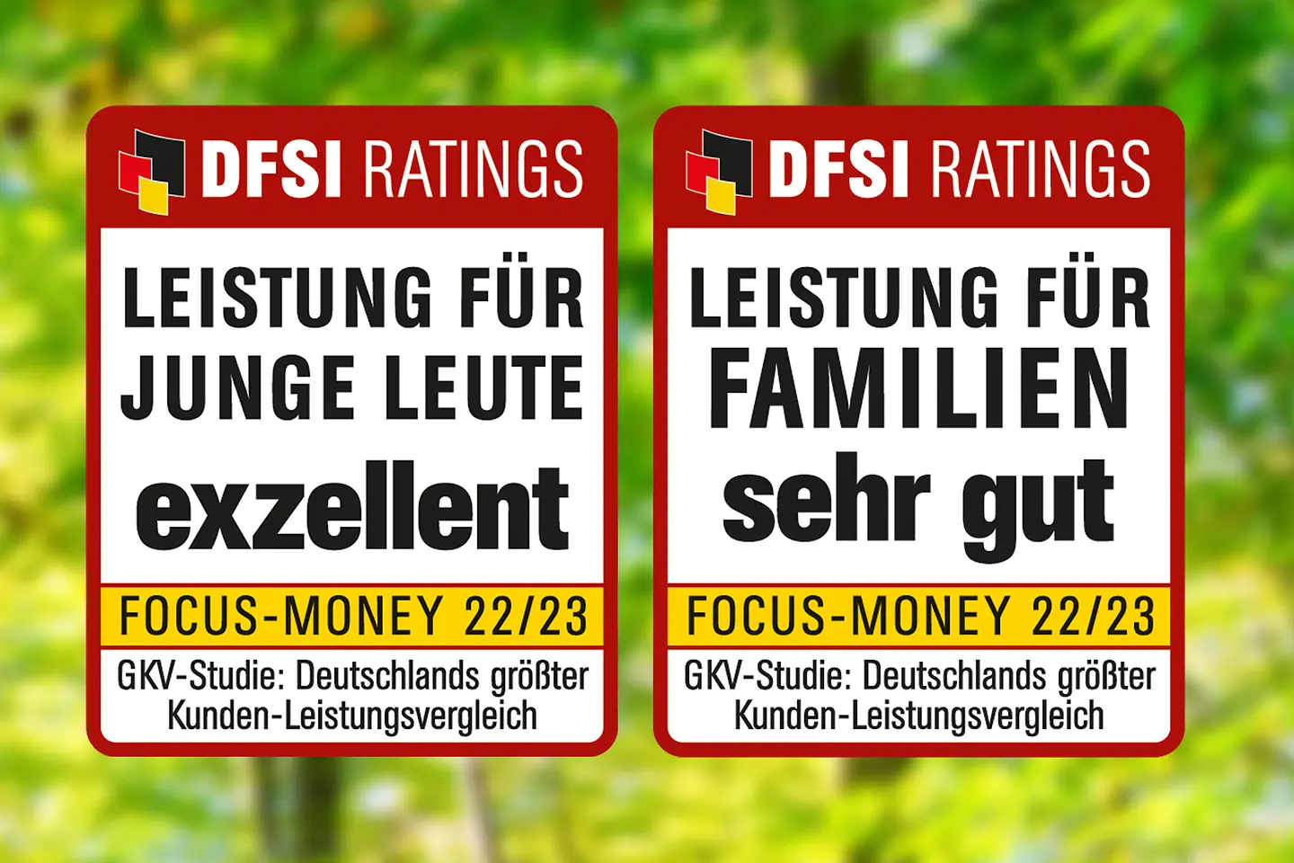Zu sehen sind die Focus-Money-Siegel 22/23 "Leistung für junge Leute: excellent" und "Leistung für Familien: sehr gut"