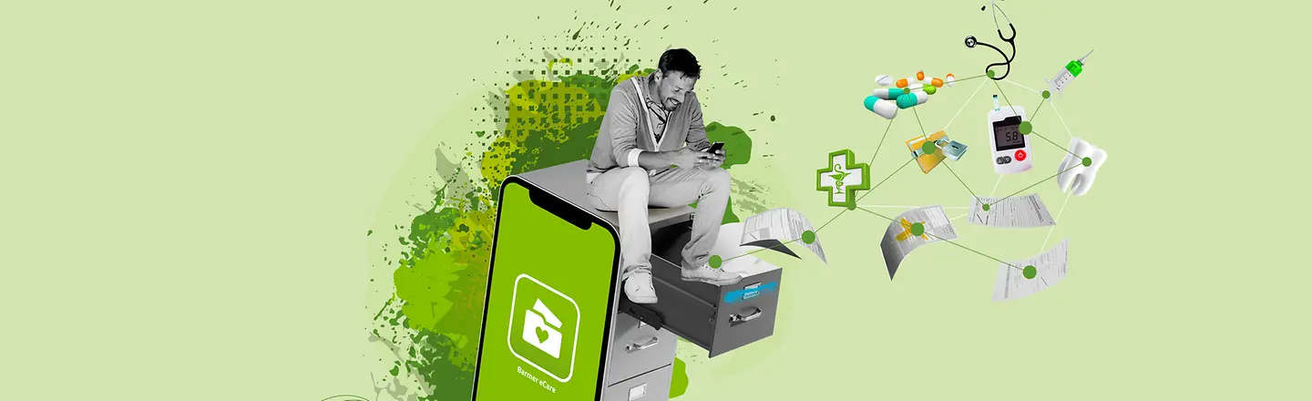 Eine grüne Collage zeigt einen Mann, der auf einem Rollcontainer sitzt und in sein Smartphone schaut.