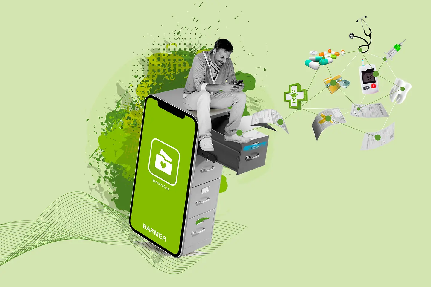 Eine grüne Collage zeigt einen Mann, der auf einem Rollcontainer sitzt und in sein Smartphone schaut.