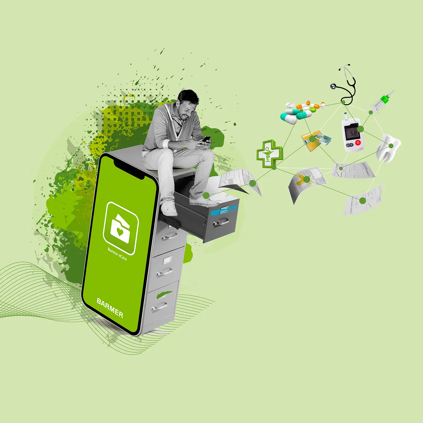 Eine grüne Collage zeigt einen Mann, der auf einem Rollcontainer sitzt und in sein Smartphone schaut.