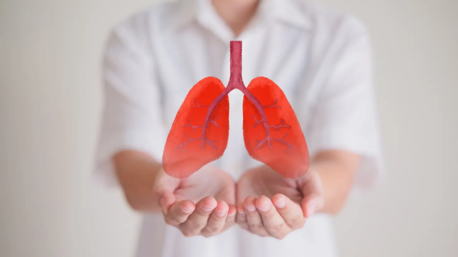 Zu sehen ist ein Bild zur Organspende, auf dem ein Mann ein Symbolbild einer Lunge vor sich hält