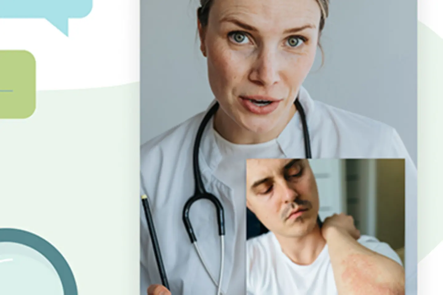 Eine Ärztin im Videochat mit einem Patienten, der ihr seinen geröteten Unterarm zeigt.