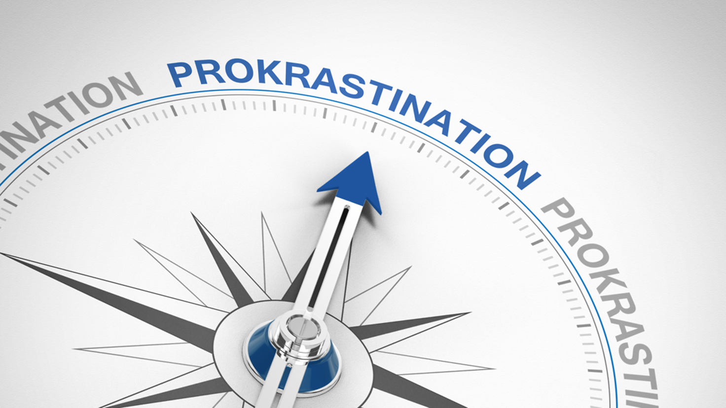 Zu sehen ist ein Kompass, dessen zeiger auf den Schriftzug "Prokrastination" zeigt