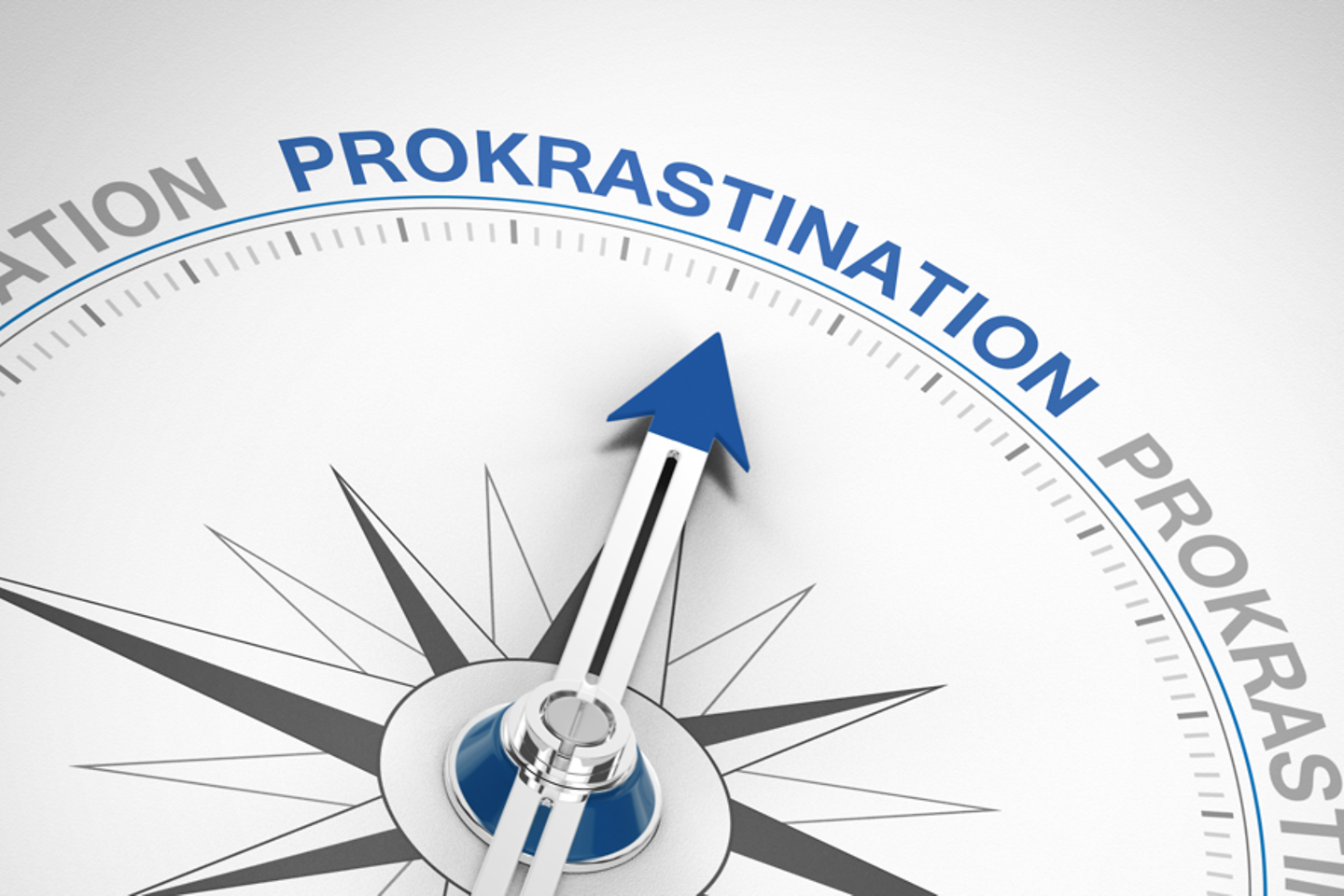 Zu sehen ist ein Kompass, dessen zeiger auf den Schriftzug "Prokrastination" zeigt