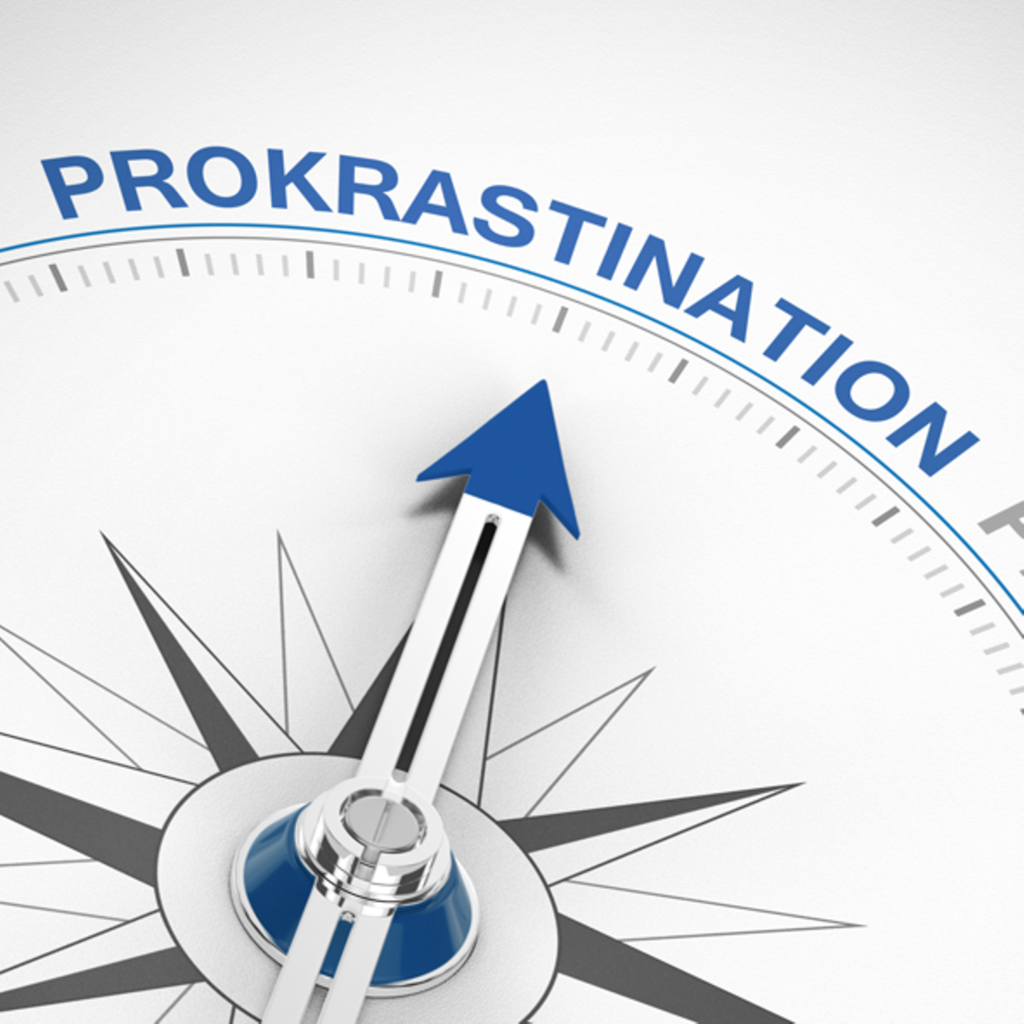 Zu sehen ist ein Kompass, dessen zeiger auf den Schriftzug "Prokrastination" zeigt