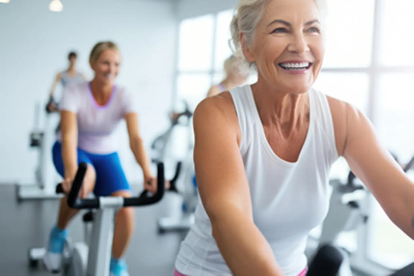 Zu sehen sind Frauen auf Indoor-Fahrrädern
