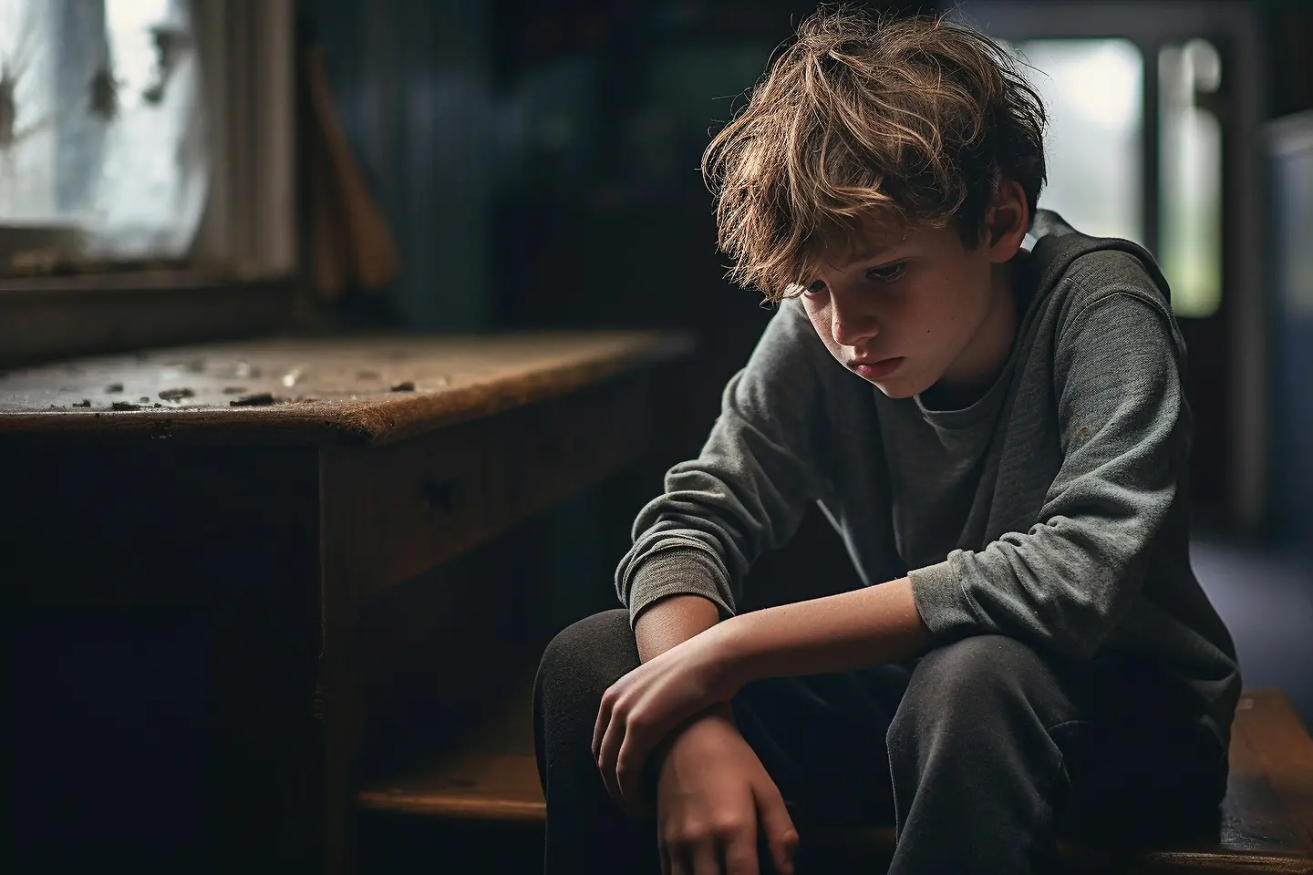 Eine Junge sitzt auf dem Boden mit traurigem Blick